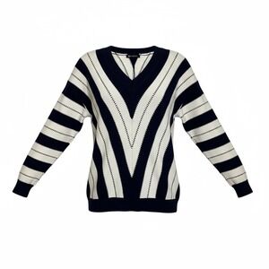 Pretty Garden Navy White Striped V Neck Sweater Pullover Knit Nautical Size‎ S